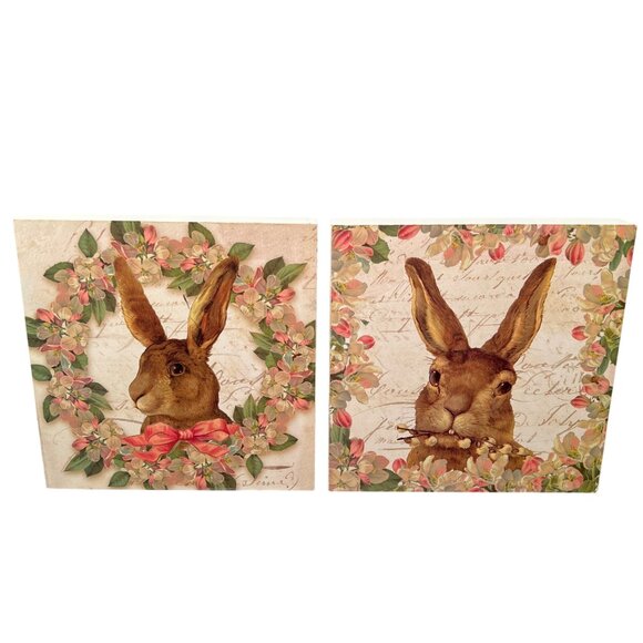 Spring Rabbit Print Box Shelf Sitter Shabby Chic Hare Easter Wreath Pink Bow - Picture 1 of 10
